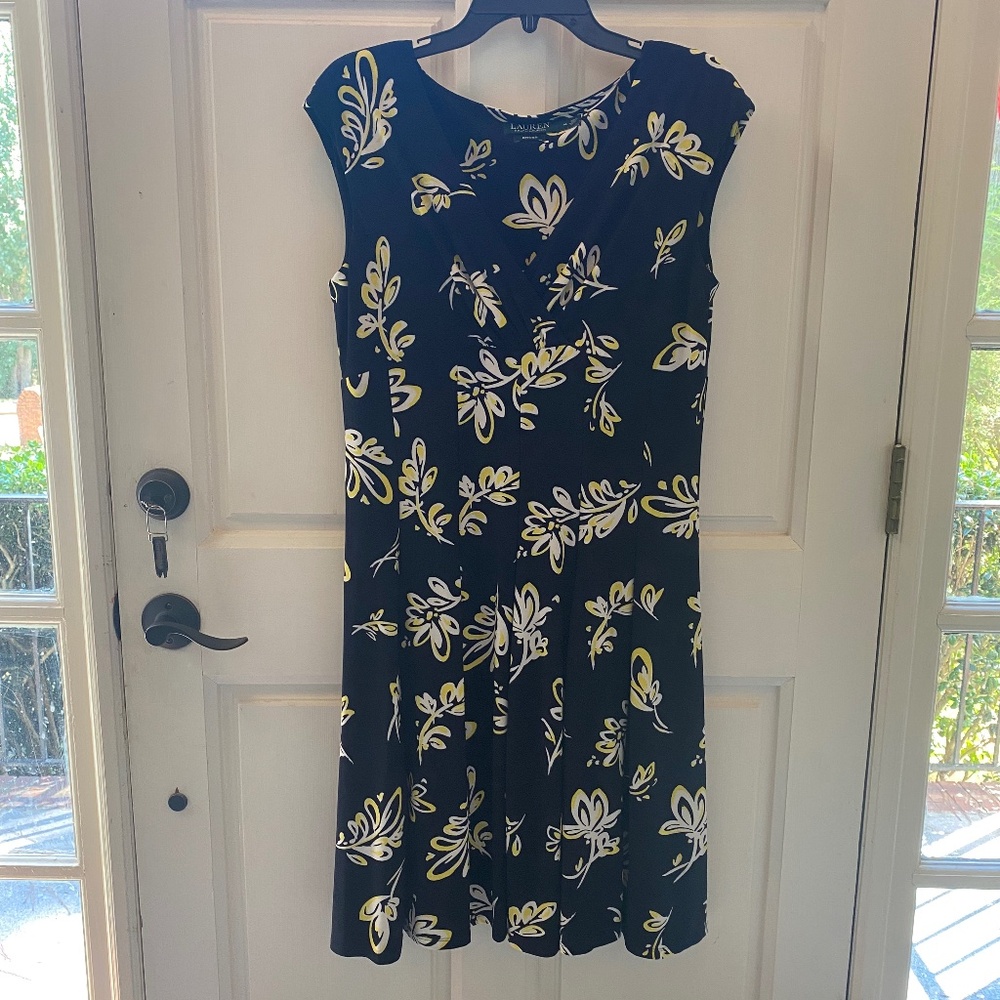 Navy, yellow/white crossover V-neck dress